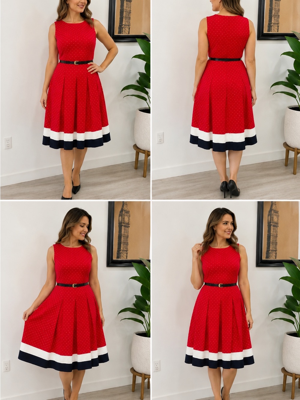 Red Sleeveless Fit & Flare Dress with Contrast Hem